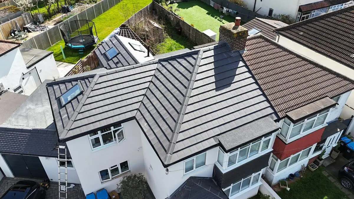 Completed re-roof aerial view showing scope of work