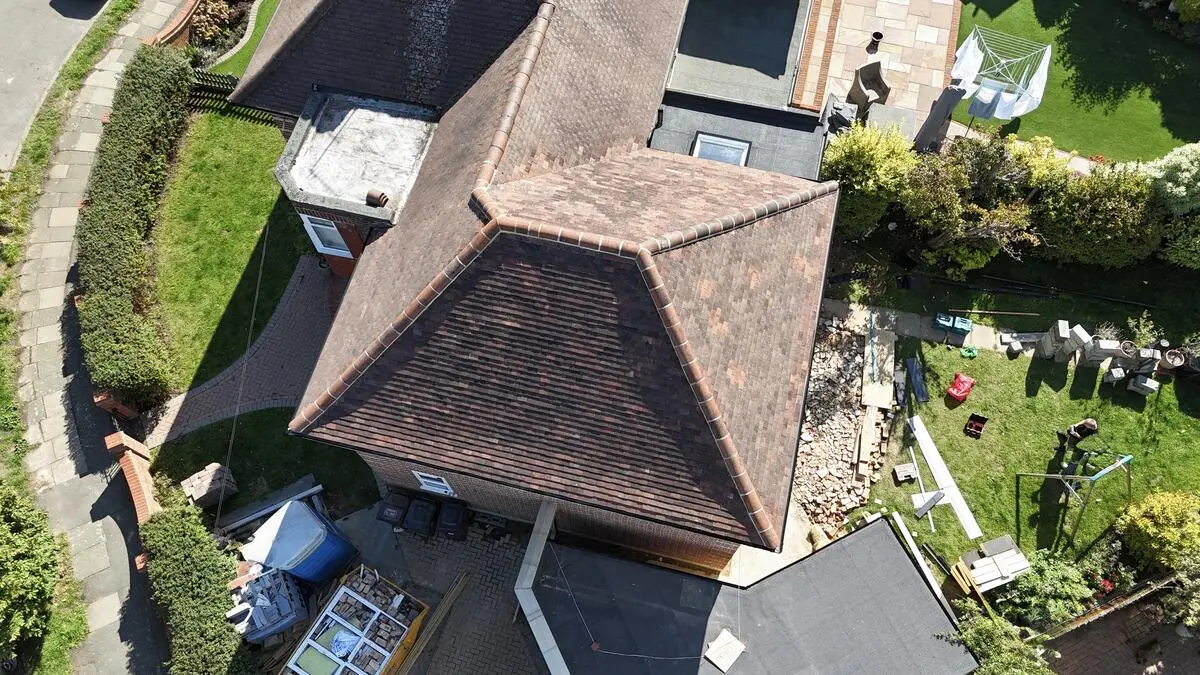 Completed tile re-roof in Bromley, aerial drone view