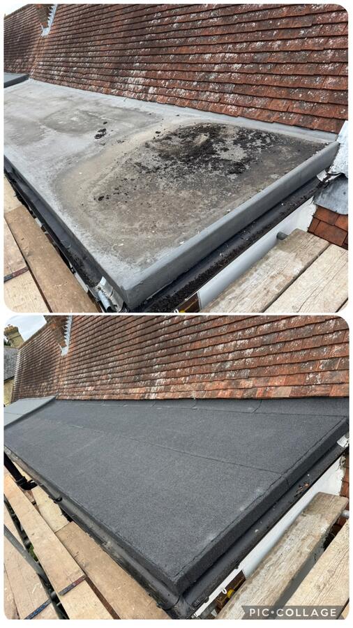 Flat roof before and after showing condition difference
